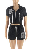 Pink Casual Street Letters Draw String Zipper Embroidery Hooded Short Sleeve Two Pieces