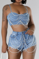 Blue Sexy Solid Color Pocket Buttons Patchwork Backless Pearls Decor Zipper Spaghetti Strap Sleeveless Two Pieces