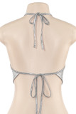 Grey Sexy Solid Color Patchwork Backless Strap Design Halter Tops