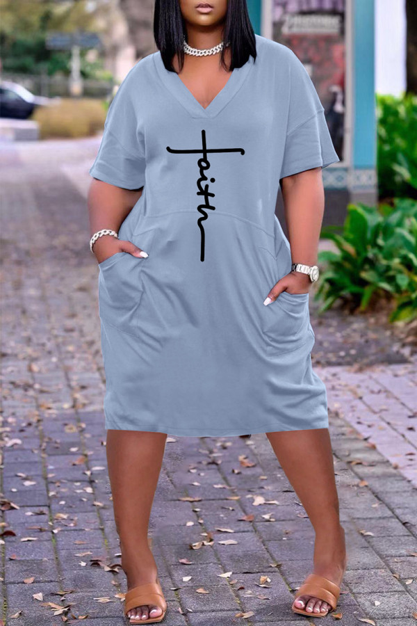 Light Blue Casual Letter Print Pocket V Neck Short Sleeve Short Sleeve Dress