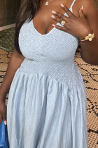 Sky Blue Elegant Solid Color Patchwork Backless Ruched Spaghetti Strap Sling Dresses