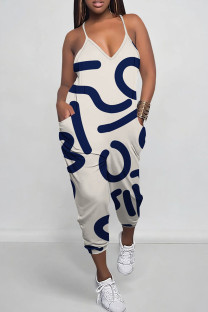 White Street Camouflage Print Pocket Patchwork Backless Spaghetti Strap Regular Jumpsuits