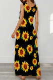 Black And White Casual Print Pocket Patchwork U Neck Long Dresses