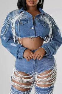 The cowboy blue Street Solid Color Pocket Buckle Patchwork Pearls Decor Turndown Collar Long Sleeve Loose Denim Jacket