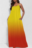 Orange Purple Casual Gradient Print Pocket Contrast U Neck Printed Dresses
