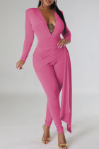 Pink Casual Solid Color Patchwork Ruched V Neck Skinny Jumpsuits