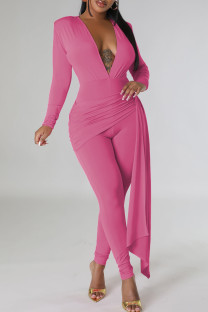 Pink Casual Solid Color Patchwork Ruched V Neck Skinny Jumpsuits