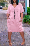 Pink Casual Letter Print Pocket V Neck Short Sleeve Short Sleeve Dress