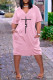 Pink Casual Letter Print Pocket V Neck Short Sleeve Short Sleeve Dress