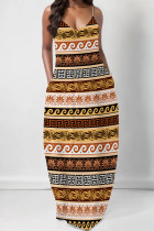 Brown Sexy Geometric Print Pocket Contrast V Neck Printed Dresses
