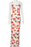 Orange Sexy Print Patchwork Backless Spaghetti Strap Sling Dresses