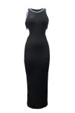 Black Elegant Hollow Out Patchwork High Slit Contrast O Neck Long Dresses