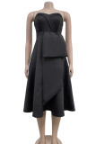 Black Elegant Solid Color Pocket Patchwork Backless Ruched Strapless A Line Dresses