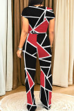 Colour Casual Print Pocket Patchwork O Neck Short Sleeve Two Pieces