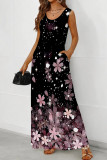 Black And White Casual Print Pocket Patchwork U Neck Long Dresses