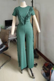 Black Casual Solid Color Fringed Trim Patchwork O Neck Short Sleeve Two Pieces