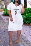 Pink Casual Letter Print Pocket V Neck Short Sleeve Short Sleeve Dress