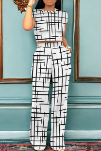 White Casual Stripe Pocket Patchwork O Neck Short Sleeve Two Pieces