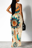 Cream White Sexy Floral Print Pocket Contrast V Neck Printed Dresses