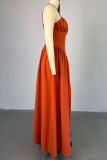 Tangerine Red Elegant Solid Color Patchwork Backless High Slit Ruched Spaghetti Strap Sling Dresses