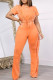 Orange Casual Solid Color Fringed Trim Patchwork O Neck Short Sleeve Two Pieces