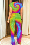 Multicolor Casual Tie Dye Pocket Patchwork O Neck Short Sleeve Two Pieces