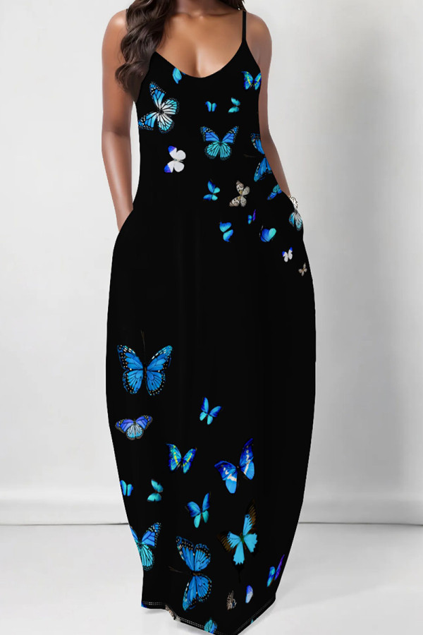 Blue Elegant Print Pocket Patchwork Spaghetti Strap Sling Dresses