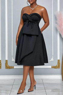 Black Elegant Solid Color Pocket Patchwork Backless Ruched Strapless A Line Dresses