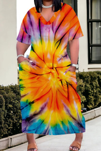 Gold Casual Tie Dye Pocket Patchwork V Neck Straight Plus Size Dresses
