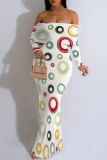 Deep Coffee Elegant Splashed ink printing Contrast Off Shoulder One Step Skirt Dresses