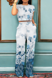 Blue White Casual Stripe Pocket Patchwork O Neck Short Sleeve Two Pieces