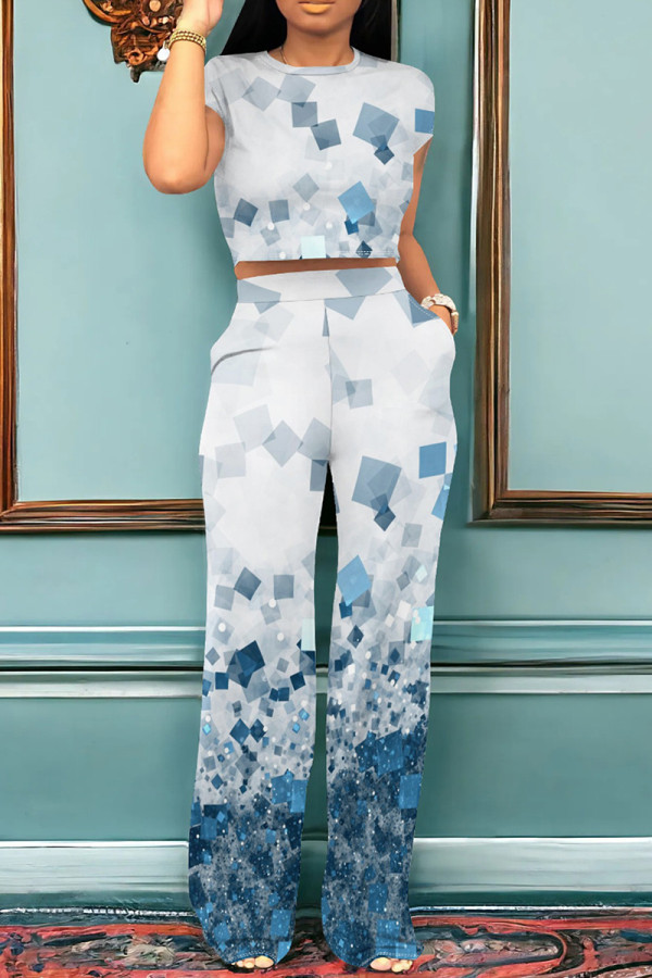 Blue White Casual Stripe Pocket Patchwork O Neck Short Sleeve Two Pieces