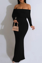 Black Elegant Geometric Print Tropical Print Contrast Off Shoulder One Step Skirt Dresses