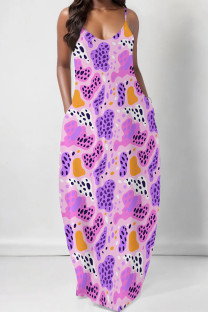 Pink Sexy Floral Print Pocket V Neck Printed Dresses