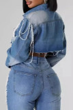 The cowboy blue Street Solid Color Pocket Buckle Patchwork Pearls Decor Turndown Collar Long Sleeve Loose Denim Jacket