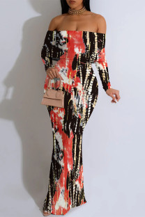 Black Red Elegant Geometric Print Tropical Print Contrast Off Shoulder One Step Skirt Dresses
