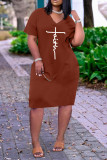 Pink Casual Letter Print Pocket V Neck Short Sleeve Short Sleeve Dress