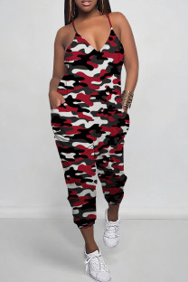 Red Green Street Camouflage Print Pocket Patchwork Backless Spaghetti Strap Regular Jumpsuits