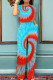 Blue Red Casual Tie Dye Pocket Patchwork O Neck Short Sleeve Two Pieces