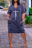Pink Casual Letter Print Pocket V Neck Short Sleeve Short Sleeve Dress