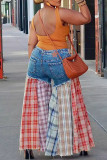 Blue Street Plaid Pocket Buttons Patchwork Zipper Mid Waist Loose Denim Jeans