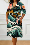 Powdery Violet Elegant Geometric Print Lace Up Contrast V Neck Printed Plus Size Dresses