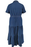 Deep Blue Street Solid Color Pocket Buckle Patchwork Ruched Turndown Collar Cake Skirt Plus Size Dresses