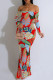 Red Elegant Geometric Print Tropical Print Contrast Off Shoulder One Step Skirt Dresses