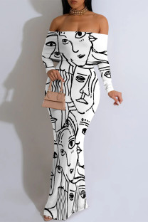 Black And White Elegant Geometric Print Tropical Print Contrast Off Shoulder One Step Skirt Dresses