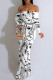 Black And White Elegant Geometric Print Tropical Print Contrast Off Shoulder One Step Skirt Dresses