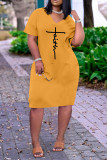 Pink Casual Letter Print Pocket V Neck Short Sleeve Short Sleeve Dress