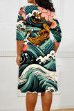 Powdery Violet Elegant Geometric Print Lace Up Contrast V Neck Printed Plus Size Dresses