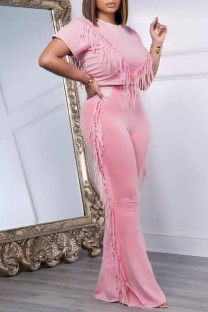 Pink Casual Solid Color Fringed Trim Patchwork O Neck Short Sleeve Two Pieces