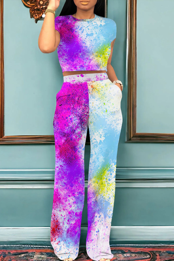 Purplish Blue Casual Print Pocket Patchwork O Neck Short Sleeve Two Pieces
